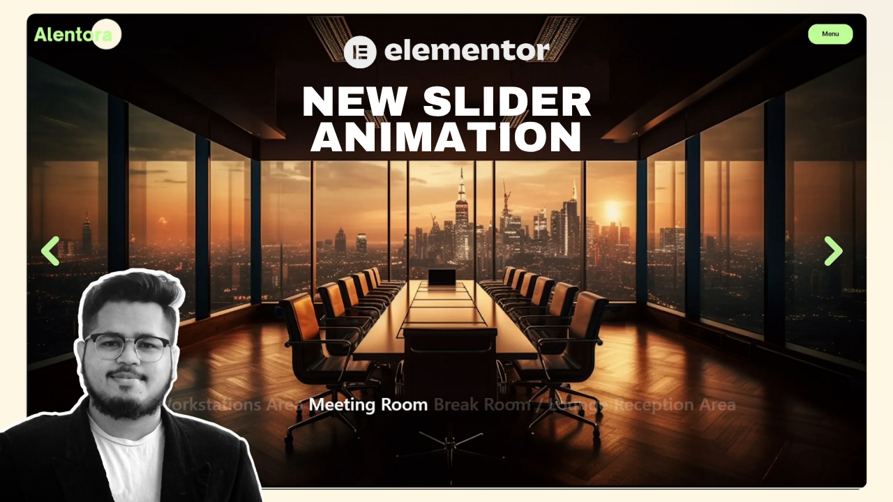 Custom Elementor slider animation preview with dark modern office background, New Slider Animation text, and developer portrait